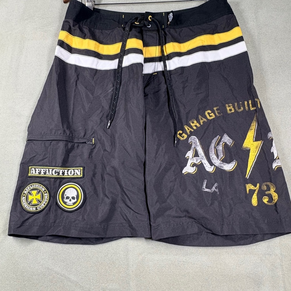 Affliction American Customs Board Shorts Mens 34 Black Yellow Garage Built AC 73